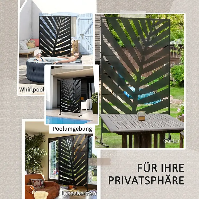 Outsunny Sichtschutzelement - Stahl, Schwarz - Schwarzer Sichtschutz mit modernem Blattmuster, gezeigt im Garten, am Pool und drinnen zur Privatsphäre.