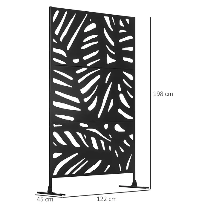Outsunny Sichtschutzelement - B x H: 45 x 198 cm, Stahl, Schwarz - Schwarzer Metall-Sichtschutz mit ausgeschnittenem Blattmuster, auf flachem Standfuß.
