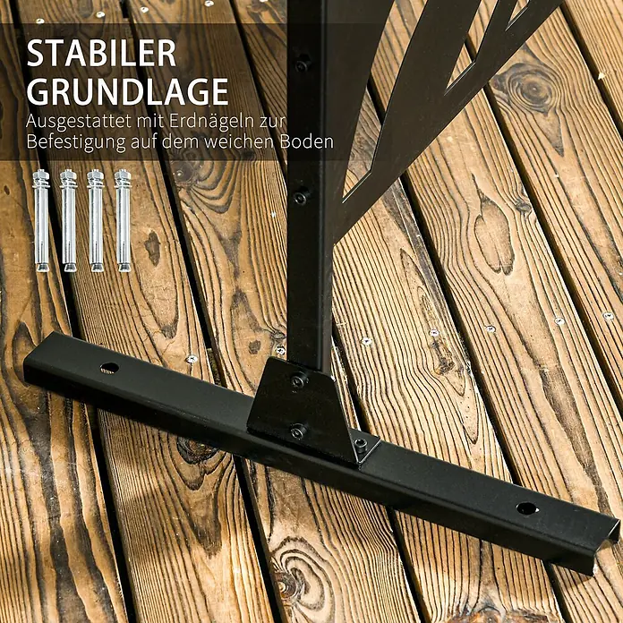 Outsunny Sichtschutzelement - B x H: 45 x 198 cm, Stahl, Schwarz - Schwarze Metallbasis mit vier Erdnägeln auf Holzdeck für stabile Outdoor-Befestigung.