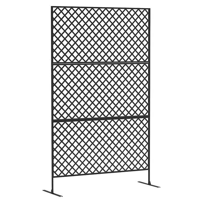 Outsunny Sichtschutzelement Schwarz, 122cm x 45cm x 198cm - Stahl, Schwarz - Schwarzes Metall-Gartenspalier mit Rautenmuster, in drei Abschnitte unterteilt, auf zwei Füßen stehend.