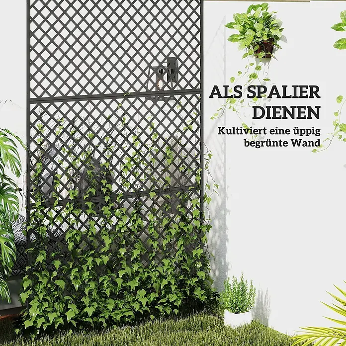 Outsunny Sichtschutzelement Schwarz, 122cm x 45cm x 198cm - Stahl, Schwarz - Schwarzes Gartenspalier mit Rautenmuster und Kletterpflanzen, dient als Stütze für eine üppig begrünte Wand.