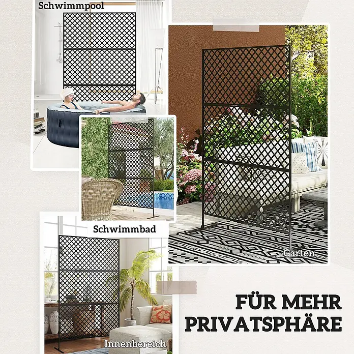 Outsunny Sichtschutzelement Schwarz, 122cm x 45cm x 198cm - Stahl, Schwarz - Schwarzer Metall-Sichtschutz mit Rautenmuster, als Raumteiler für mehr Privatsphäre im Außen- und Innenbereich gezeigt.