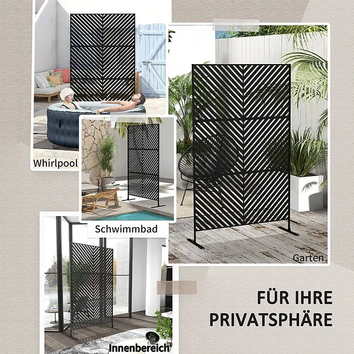 Outsunny Sichtschutzelement - Stahl, Schwarz - Schwarzer Metall-Sichtschutz mit Diagonalmuster, bietet Privatsphäre in Garten, am Pool und drinnen.
