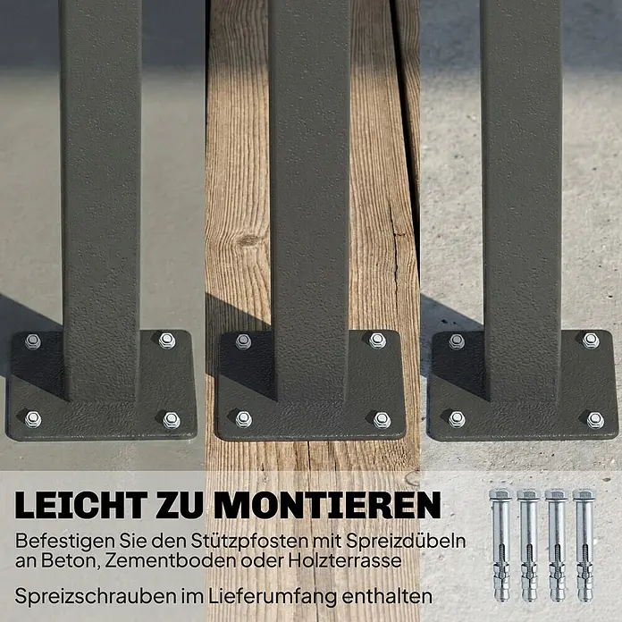Outsunny Sichtschutzelement - Aluminium, Dunkelgrau - Dunkelgraue Metallpfosten mit Montageplatten, mit silbernen Spreizdübeln an Beton- und Holzflächen befestigt. Spreizdübel separat abgebildet.