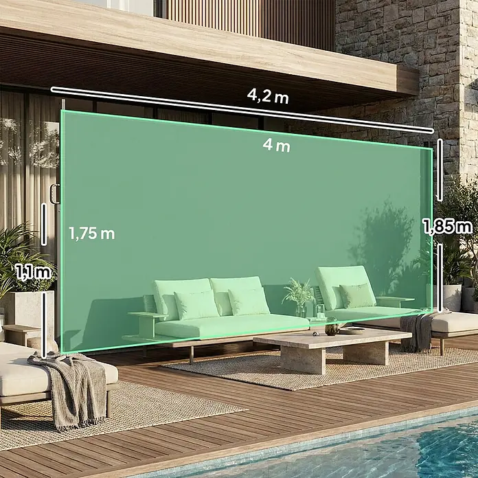 Outsunny Sichtschutzelement - Aluminium, Dunkelgrau - Grüner ausziehbarer Sichtschutz, 4 m breit und 1,85 m hoch, für Privatsphäre auf einer Terrasse.