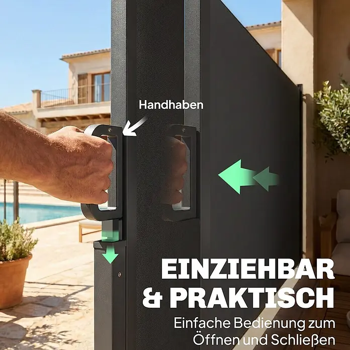 Outsunny Sichtschutzelement - Aluminium, Dunkelgrau - Dunkelgrauer, ausziehbarer Sichtschutz wird per Hand an Griffen bedient, im Hintergrund ein Pool.