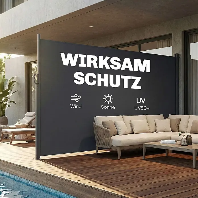 Outsunny Sichtschutzelement - Aluminium, Dunkelgrau - Dunkelgrauer ausziehbarer Sichtschutz für Wind-, Sonnen- und UV-Schutz auf einer modernen Terrasse am Pool.