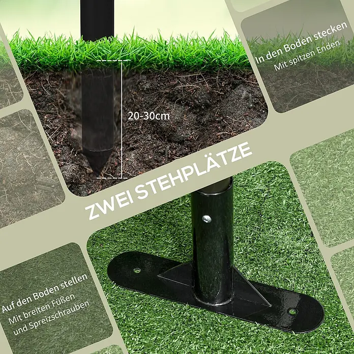 Outsunny Mattenzaun - Stahl, Braun - Zwei Befestigungsoptionen für eine schwarze Stange: eine mit spitzem Ende zum Einstecken in die Erde (20-30cm) und eine mit breitem Fuß zur Bodenmontage.