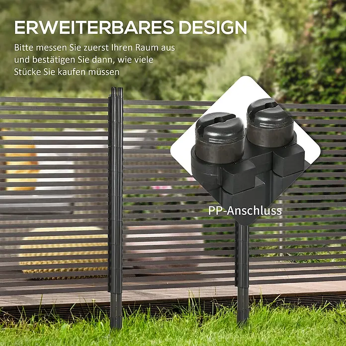 Outsunny Mattenzaun - Stahl, Braun - Schwarze modulare Zaunpfosten im Garten, die ein erweiterbares Design mit PP-Anschluss für einfache Montage zeigen.