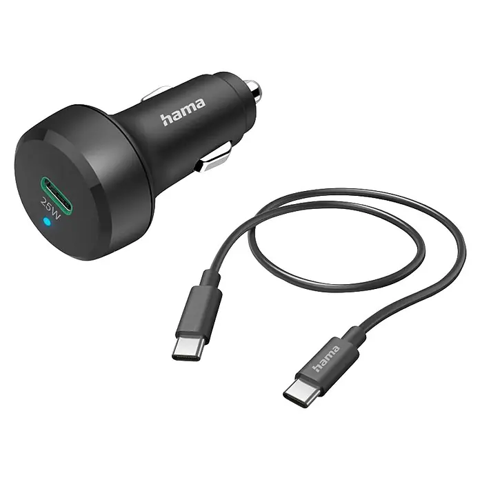 Hama USB-Kabel 00201614 mit Ladekabel USB-C PD 25 W - 1 m, Schwarz - Schwarzes Hama Autoladegerät (25W USB-C) und gerolltes USB-C zu USB-C Kabel.