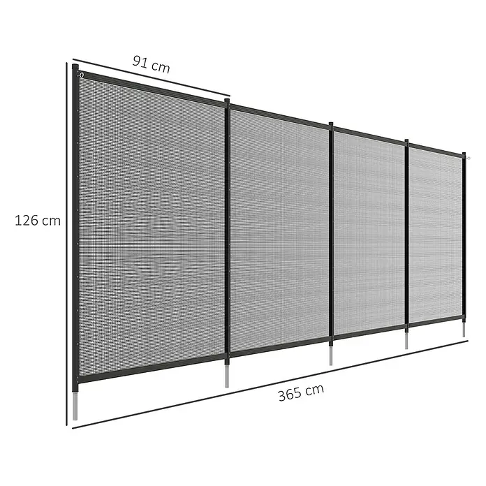 Outsunny Mattenzaun - Aluminium, Schwarz - Modularer dunkelgrauer Sichtschutz aus Netzgewebe mit Metallpfosten, bestehend aus vier Paneelen. Gesamtlänge 365 cm, Höhe 126 cm, Paneelbreite 91 cm.