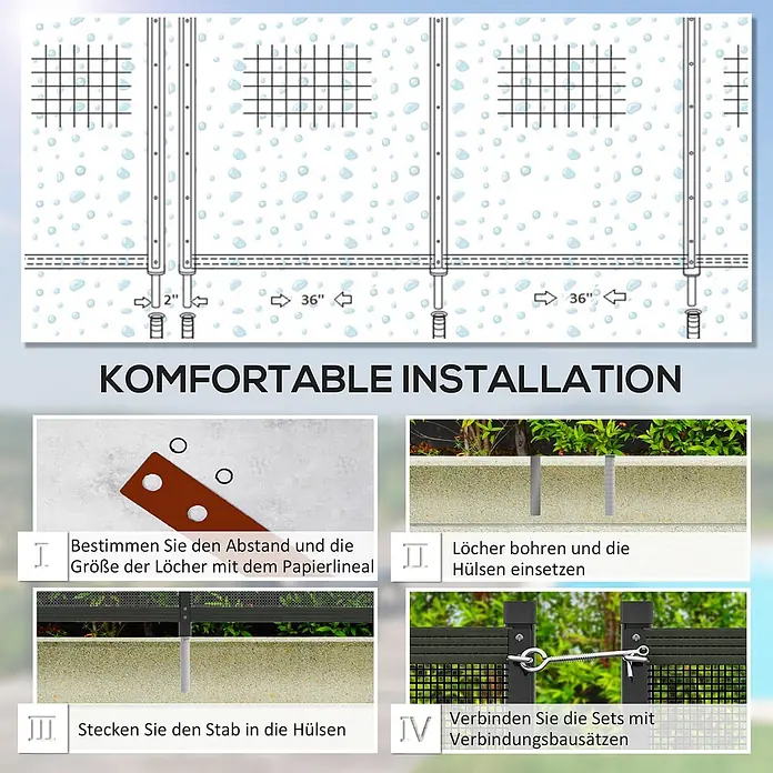 Outsunny Mattenzaun - Aluminium, Schwarz - Installationsanleitung für ein Zaunsystem mit Schritten zum Bohren von Löchern, Einsetzen von Hülsen, Montieren von Stäben und Verbinden von Zaunelementen.