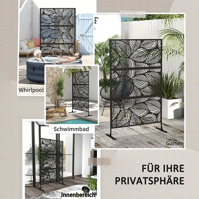 Outsunny Sichtschutzelement - Stahl, Schwarz - Schwarzer Metall-Sichtschutz mit Blattmuster, in verschiedenen Umgebungen wie Whirlpool, Pool, Garten und Innenbereich für Privatsphäre gezeigt.