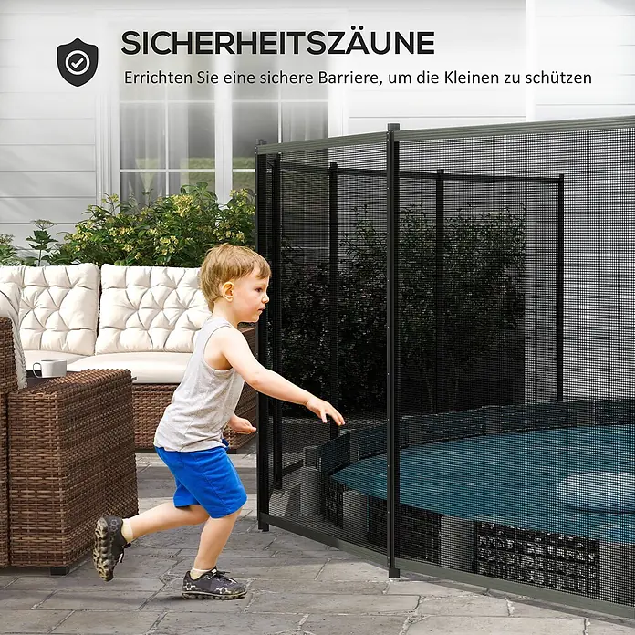 Outsunny Mattenzaun - Aluminium, Schwarz - Schwarzer Maschendrahtzaun als Schutzbarriere für Kinder auf einer Terrasse.