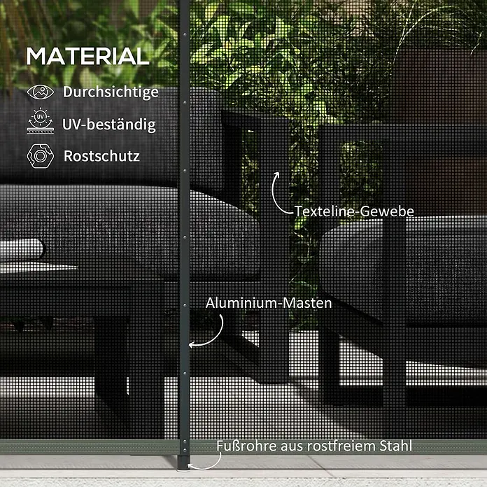 Outsunny Mattenzaun - Aluminium, Schwarz - Dunkler Netzsichtschutz aus UV-beständigem Texteline-Gewebe mit Aluminium-Masten und rostfreien Fußrohren aus Stahl.