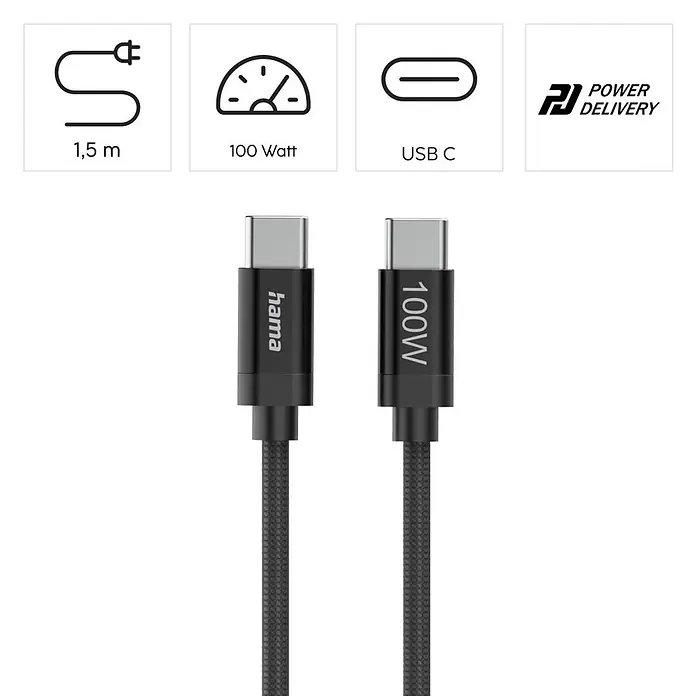 Hama USB-Kabel 00201740 Ladekabel "Fabric" USB-C - USB-C 100W - 1,5 m, Schwarz - Schwarzes geflochtenes USB-C Ladekabel, 1,5 m, unterstützt 100W Power Delivery.