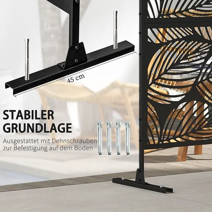 Outsunny Sichtschutzelement - Stahl, Schwarz - Schwarzer Metallfuß (45 cm) für Sichtschutz, gezeigt mit Dehnschrauben zur stabilen Bodenbefestigung.