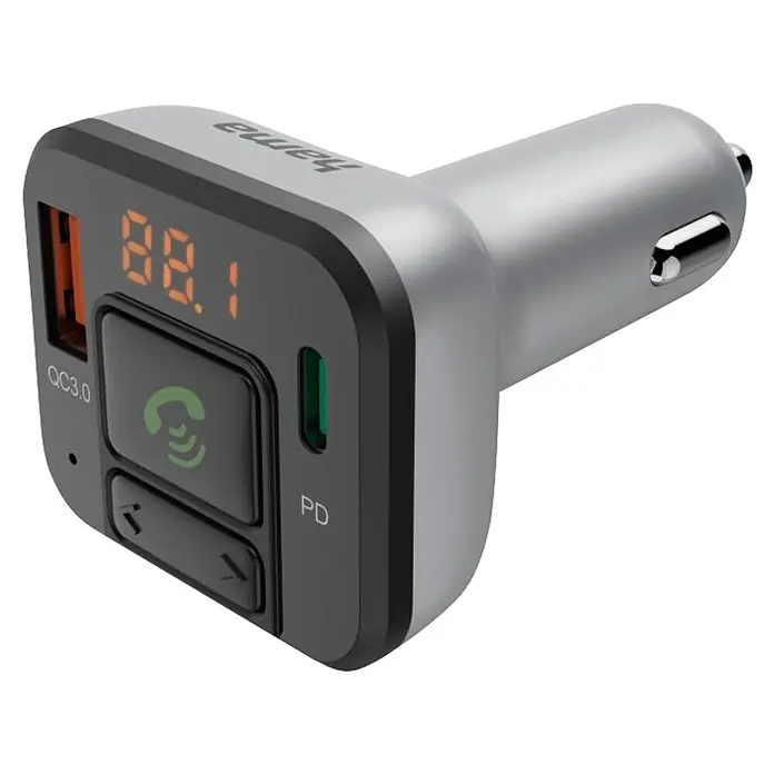 Hama Kfz-Ladegerät 00014169 FM-Transmitter mit Bluetooth- und Freisprechfunktion - Schwarz, Silber - Silber-schwarzer Hama Auto-Ladegerät/FM-Transmitter mit Digitalanzeige (88.1), QC3.0 USB-A, PD USB-C Anschlüssen und Bedientasten.