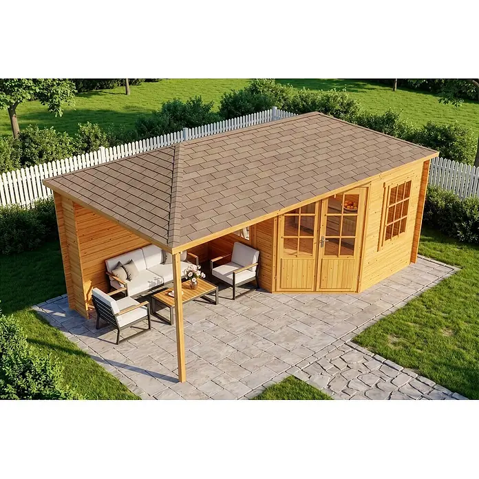 Alpholz Gartenhaus Mosel - Außenmaß inkl. Dachüberstand (B x T): 614 x 317 cm, Holz, Pinie - Gartenhaus aus Holz mit braunem Schindeldach und integriertem Terrassenbereich mit Gartenmöbeln.