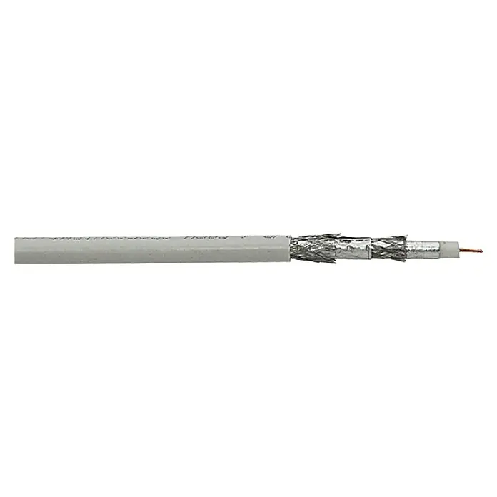 Koaxialkabel SD - 50 m, Weiß, Schirmungsmaß: 120 dB - Nahaufnahme eines Koaxialkabels mit sichtbaren Schichten, ideal für hochfrequente Signalübertragung.