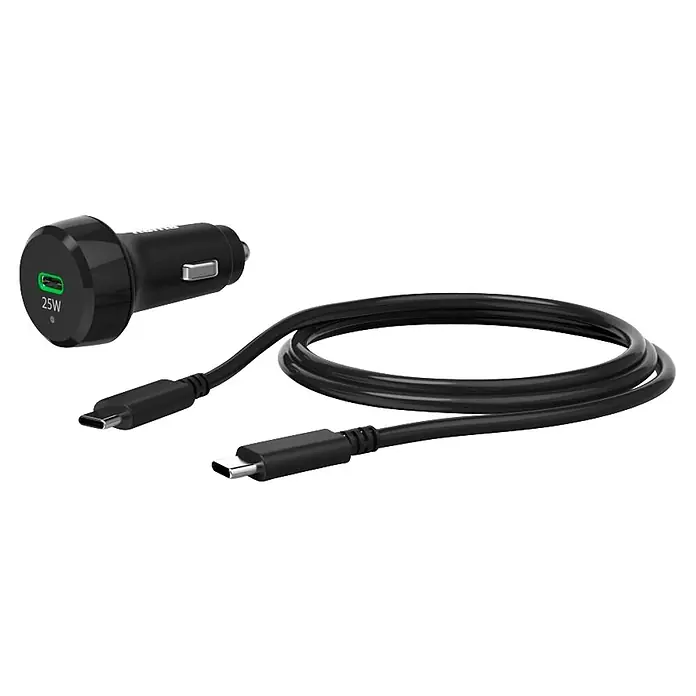 Hama USB-Kabel 00201614 mit Ladekabel USB-C PD 25 W - 1 m, Schwarz - Schwarzes 25W Auto-Ladegerät mit grünem USB-C-Anschluss und schwarzem USB-C-Kabel.