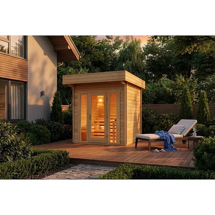 FinnTherm Saunahaus Lupoa 44 - L x B x H: 295 x 259 x 263 cm - Hölzerne Außensaunakabine auf einer Gartenterrasse, einladend beleuchtet, mit Liegestuhl daneben.