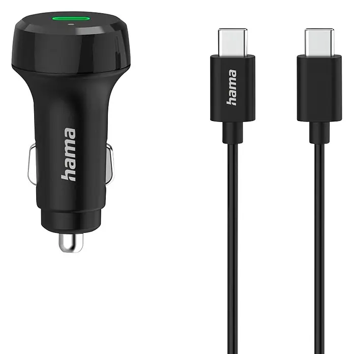 Hama USB-Kabel 00201614 mit Ladekabel USB-C PD 25 W - 1 m, Schwarz - Schwarzes Auto-Ladegerät mit grüner LED und zwei schwarzen USB-C Ladekabeln.