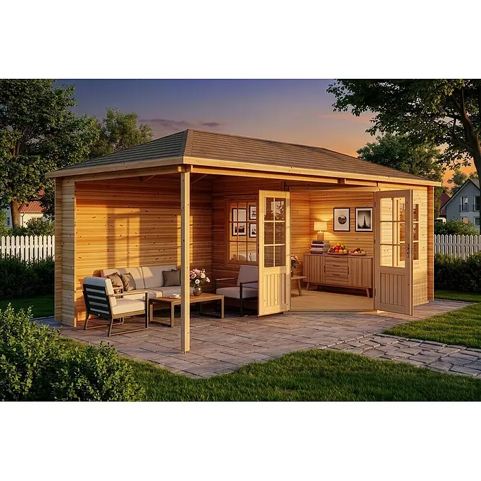 Alpholz Gartenhaus Mosel - Außenmaß inkl. Dachüberstand (B x T): 614 x 317 cm, Holz, Naturbelassen - Helles Holzgartenhaus mit offenen Seiten, möblierter Terrasse für entspanntes Leben im Freien.