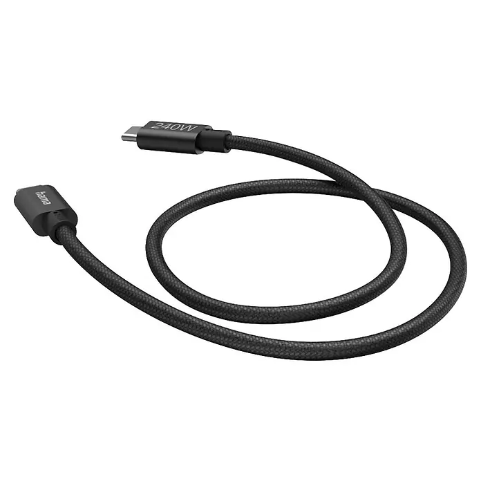 Hama USB-Kabel USB 3.2 Gen1 USB-C 00201702 - 1,5 m, Schwarz - Schwarzes geflochtenes USB-C Ladekabel mit 240W Leistung und Hama Branding.