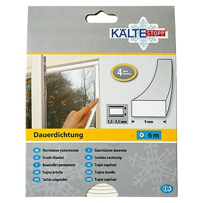 KÄLTESTOPP DauerdichtungWeiß, 6 m x 9 mm x 4 mm, Spaltenbreiten 1,5 - 3,5 mm Front View