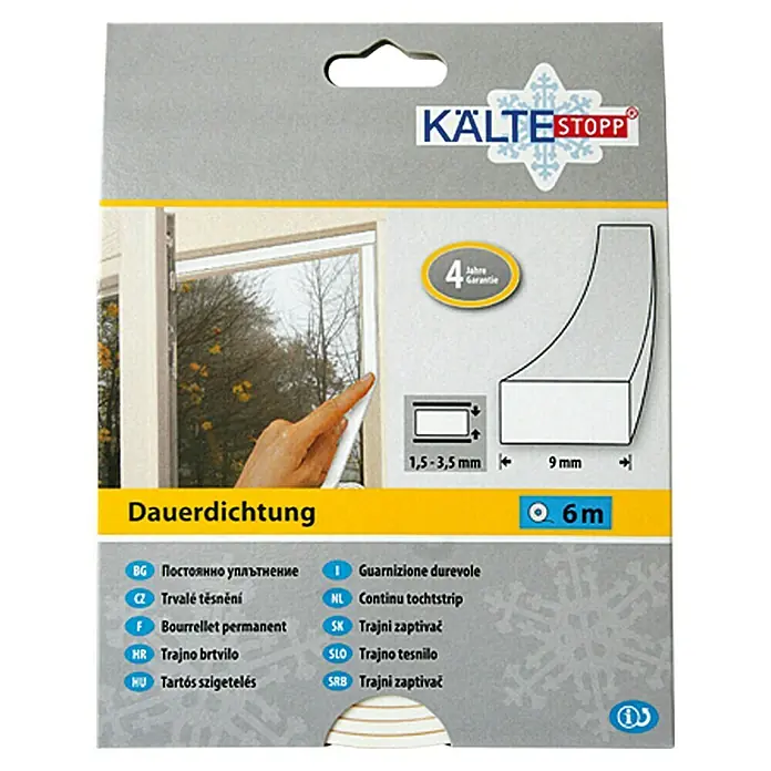 KÄLTESTOPP Dauerdichtung - Weiß, 6 m x 9 mm x 4 mm, Spaltenbreiten 1,5 - 3,5 mm - Bild einer KÄLTESTOPP-Dauerelastischen Dichtung, ideal zum Abdichten von Fenstern und Türen, um Zugluft zu vermeiden.