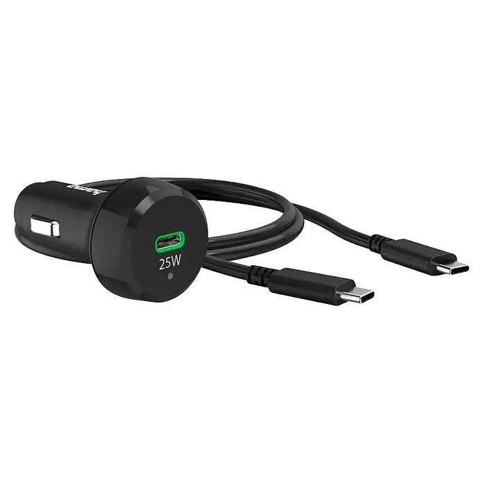 Hama USB-Kabel 00201614 mit Ladekabel USB-C PD 25 W - 1 m, Schwarz - Schwarzes 25W USB-C Auto-Ladegerät mit angeschlossenem schwarzem USB-C auf USB-C Ladekabel.