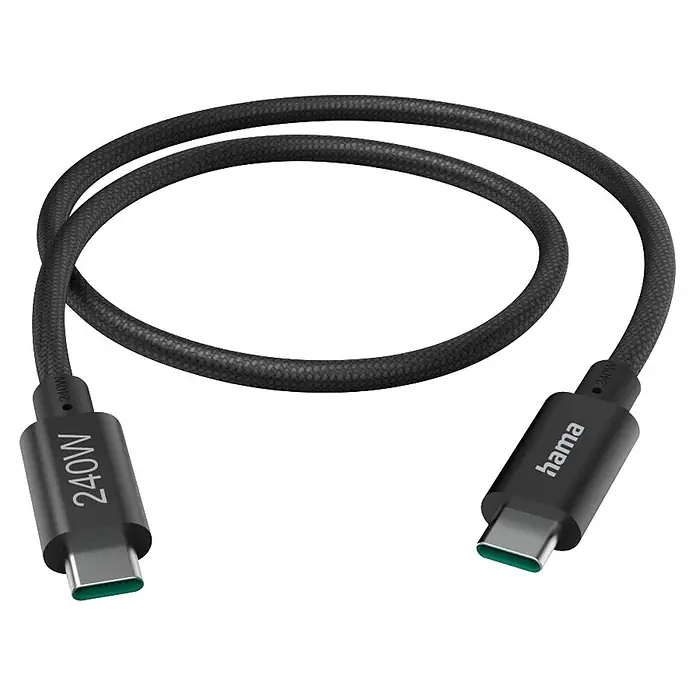 Hama USB-Kabel USB 3.2 Gen1 USB-C 00201702 - 1,5 m, Schwarz - Schwarz geflochtenes USB-C-Kabel mit grün gefärbten Anschlüssen, einer beschriftet '240W', der andere 'hama'.
