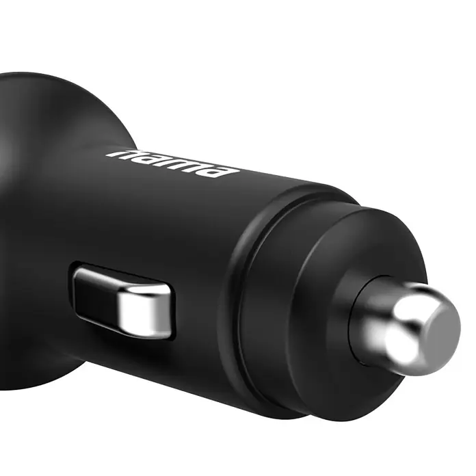 Hama USB-Kabel 00201614 mit Ladekabel USB-C PD 25 W - 1 m, Schwarz - Schwarzes Hama Kfz-Ladegerät mit silbernen Kontakten und Spitze.