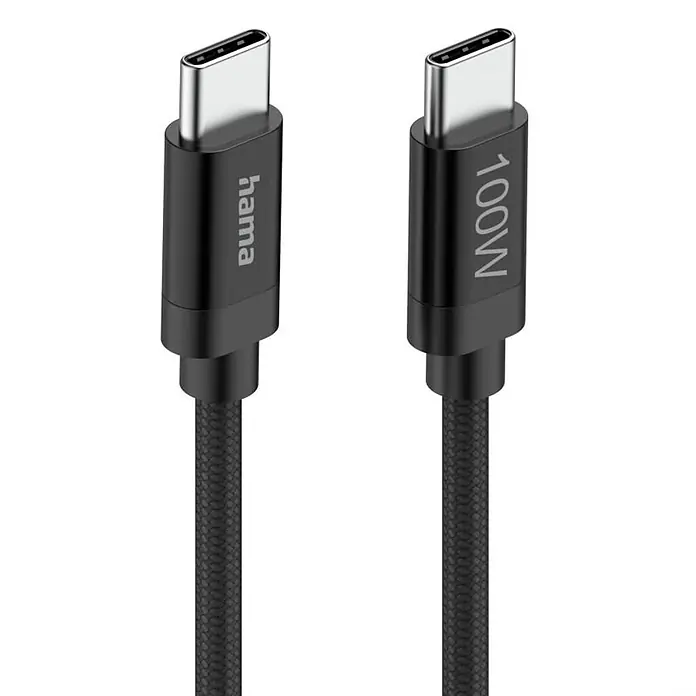 Hama USB-Kabel 00201740 Ladekabel "Fabric" USB-C - USB-C 100W - 1,5 m, Schwarz - Schwarzes geflochtenes USB-C auf USB-C Kabel mit Hama-Logo und 100W Ladeleistung.