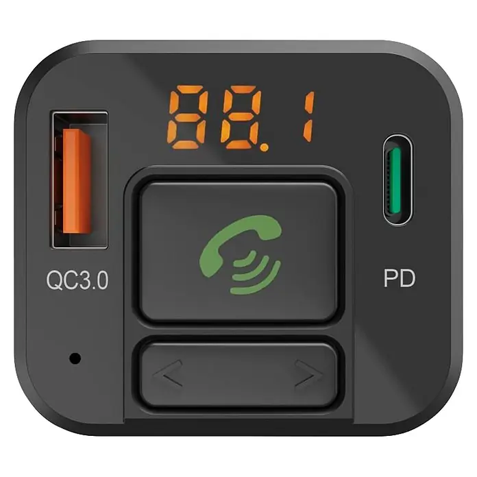 Hama Kfz-Ladegerät 00014169 FM-Transmitter mit Bluetooth- und Freisprechfunktion - Schwarz, Silber - Dunkelgraues Auto-Ladegerät/FM-Transmitter mit orangefarbenem QC3.0 USB-A und grünem PD USB-C Anschluss, Digitalanzeige (88.1), Anruftaste und Pfeiltasten.