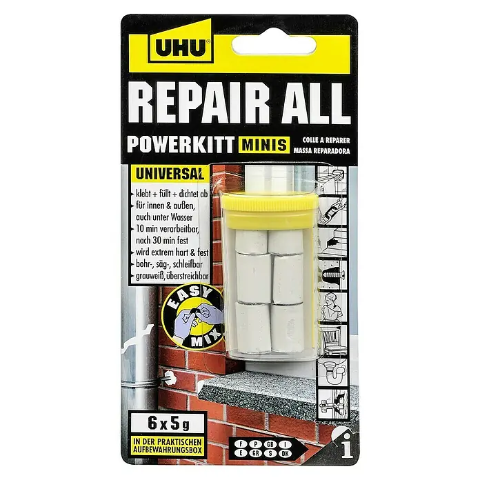 UHU Repair All Powerknete Powerkitt - 6 Stk., 5 g, Grau/Weiß - Abbildung des UHU Repair All Powerkitt Minis, ein vielseitiges Reparaturprodukt für verschiedene Anwendungen im Haushalt.