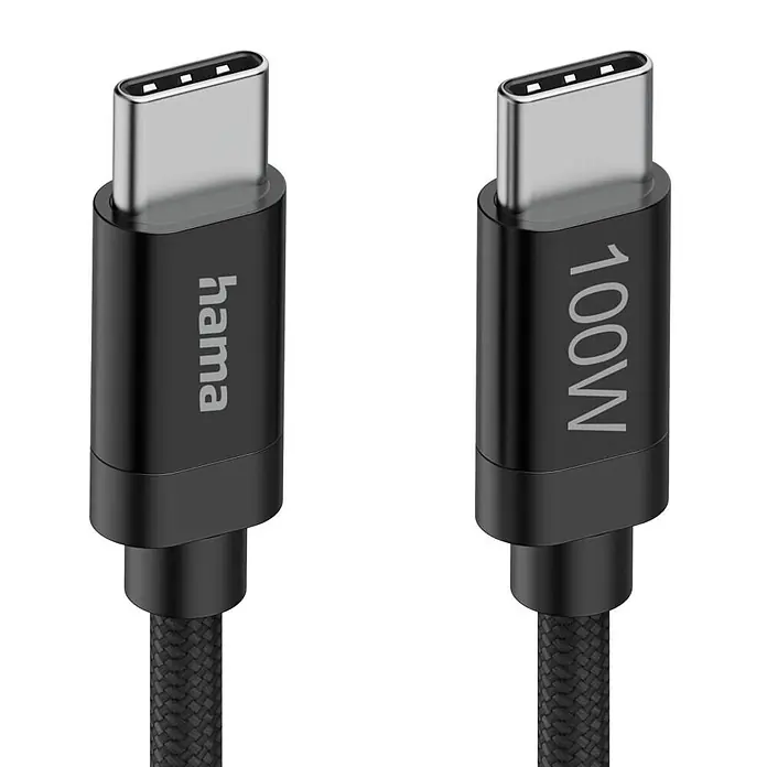 Hama USB-Kabel 00201740 Ladekabel "Fabric" USB-C - USB-C 100W - 1,5 m, Schwarz - Schwarzes geflochtenes Hama USB-C-Kabel mit silbernen Steckern, 100W Ladeleistung.