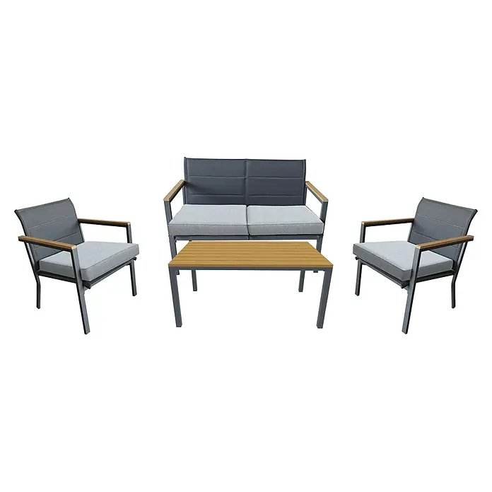 Acamp Loungemöbel-Set Chania - 4 -tlg., Anthrazit, Teak, Grau, Stahl - Outdoor-Sitzgruppe: dunkelgraue Metallrahmen, hellgraue Kissen, Holzoptik-Akzente. Sofa, zwei Sessel und Couchtisch.