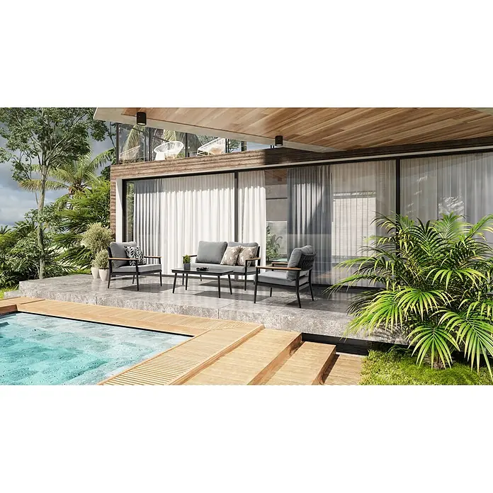 Acamp Loungemöbel-Set Lyon - Stahl, 4 -tlg., Anthrazit, Braun - Outdoor-Lounge-Set mit grauen Polstern, schwarzen Gestellen und Holzarmlehnen auf einer Betonterrasse am Pool.