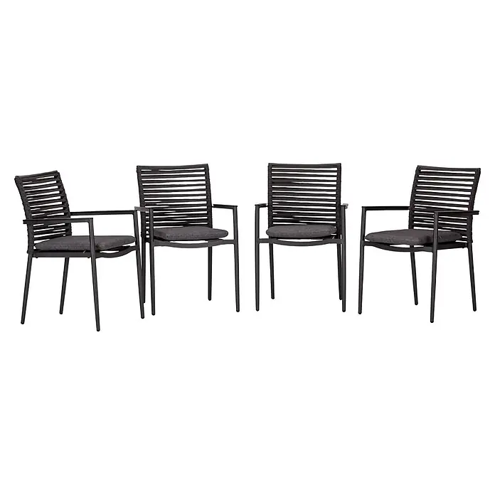 Acamp Stapelsessel New Jersey - 4 Stk., Schwarz, L x B x H: 61 x 57 x 86 cm, Materialspezifizierung: Aluminium, HPL - Vier schwarze Outdoor-Stühle mit geflochtenen Rückenlehnen und dunkelgrauen Sitzkissen.