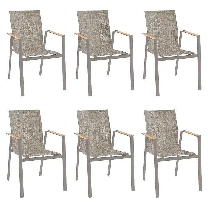 Acamp Stapelsessel Vegas - 4 Stk., Aluminium, Holz, Grau, Braun - Sechs graue Outdoor-Stühle mit hellen Holzarmlehnen und gewebten Stoffsitzen.