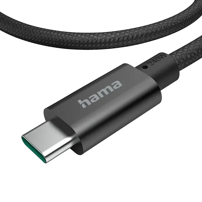 Hama USB-Kabel USB 3.2 Gen1 USB-C 00201702 - 1,5 m, Schwarz - Dunkelgraues geflochtenes USB-C Kabel mit 240W Leistung, Hama-Logo und grünem Stecker.
