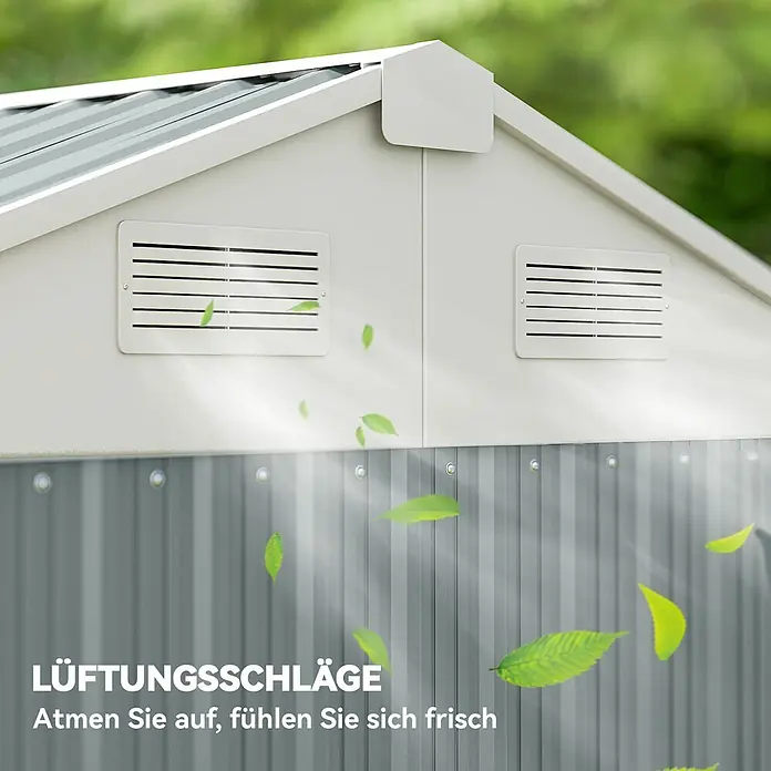 Outsunny Gerätehaus - Außenbreite inkl. Dachüberstand: 209 cm, Außentiefe inkl. Dachüberstand: 177 cm, Stahl, Hellgrau - Giebelseite eines hellgrauen Schuppens mit zwei rechteckigen Lüftungsgittern. Der untere Bereich ist dunkelgraues Wellblech.
