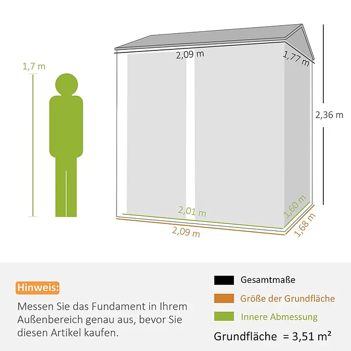 Outsunny Gerätehaus - Außenbreite inkl. Dachüberstand: 209 cm, Außentiefe inkl. Dachüberstand: 177 cm, Stahl, Hellgrau - Gartenschuppen mit detaillierten Außen- und Innenmaßen, inklusive 1,7 m großer menschlicher Figur zum Größenvergleich.