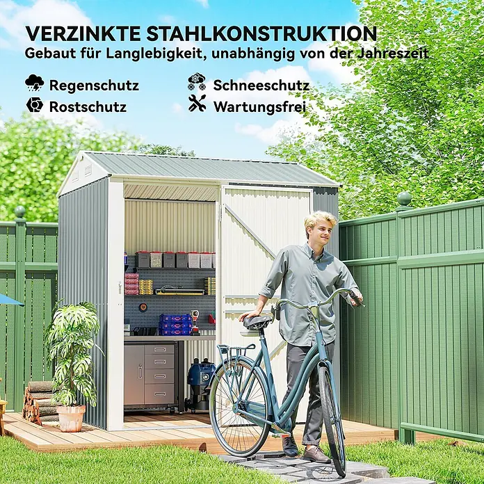 Outsunny Gerätehaus - Außenbreite inkl. Dachüberstand: 209 cm, Außentiefe inkl. Dachüberstand: 177 cm, Stahl, Hellgrau - Robuster, verzinkter Stahlgeräteschuppen im Garten, mit einem Mann und Fahrrad daneben. Langlebig und wartungsfrei.