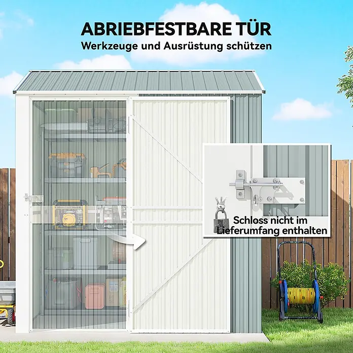 Outsunny Gerätehaus - Außenbreite inkl. Dachüberstand: 209 cm, Außentiefe inkl. Dachüberstand: 177 cm, Stahl, Hellgrau - Metall-Gartenschuppen mit Schiebetür, zeigt Werkzeuge im Inneren. Die Tür hat einen Riegel zur Sicherung, Vorhängeschloss nicht enthalten.