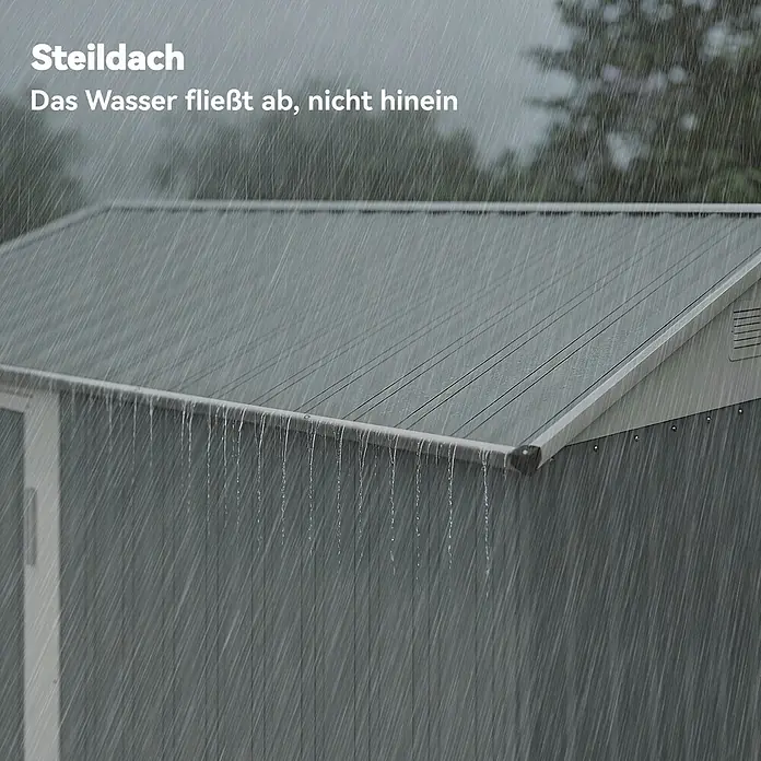 Outsunny Gerätehaus - Außenbreite inkl. Dachüberstand: 209 cm, Außentiefe inkl. Dachüberstand: 177 cm, Stahl, Hellgrau - Graues Steildach eines Geräteschuppens, von dem Regenwasser abfließt. Betont die Wasserdichtigkeit.