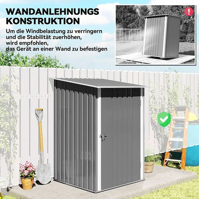 Outsunny Gerätehaus - Außenbreite inkl. Dachüberstand: 100 cm, Außentiefe inkl. Dachüberstand: 103 cm, Stahl, Grau - Grauer Metall-Gartenschuppen, zur Befestigung an einer Wand oder einem Zaun für Stabilität.