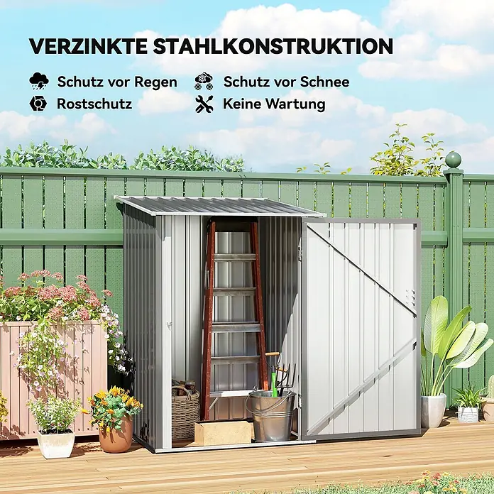 Outsunny Gerätehaus - Außenbreite inkl. Dachüberstand: 100 cm, Außentiefe inkl. Dachüberstand: 103 cm, Stahl, Grau - Wetterfeste, graue Gartenhütte aus verzinktem Stahl, offen mit Gartenwerkzeugen innen, auf einer Holzterrasse.